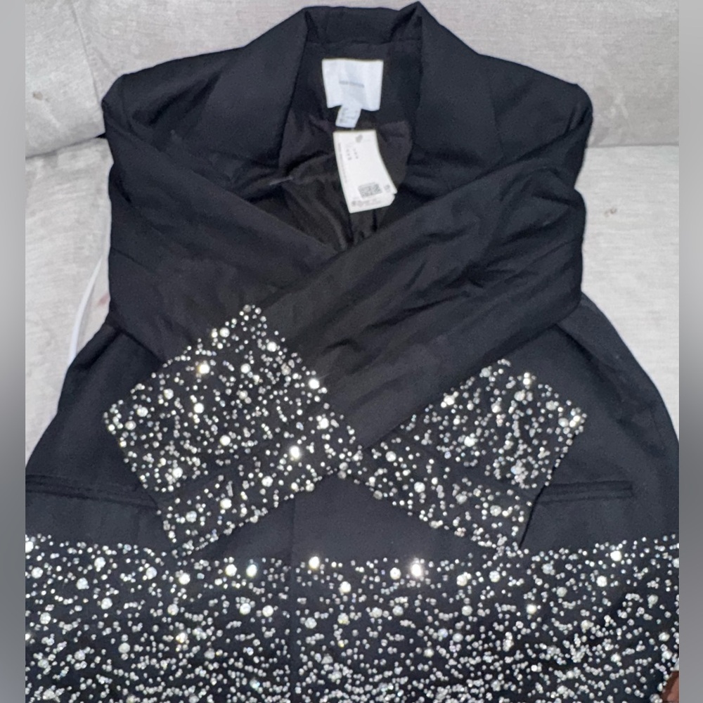 H&M Embellished Twill Jacket & Rhinestone Mini Shorts Black- Large